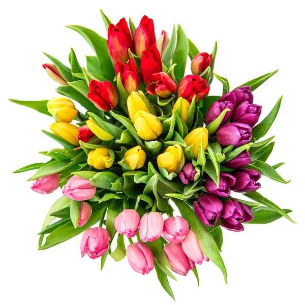 Buquê de tulipas multicoloridas frescas. vista superior — Fotografia de Stock