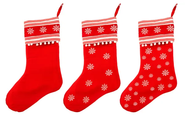 Chaussette de Noël rouge avec flocons de neige blancs pour cadeaux Père Noël — Photo