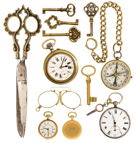 altın antika aksesuarlar. antika anahtar, saat, makas, iştigal