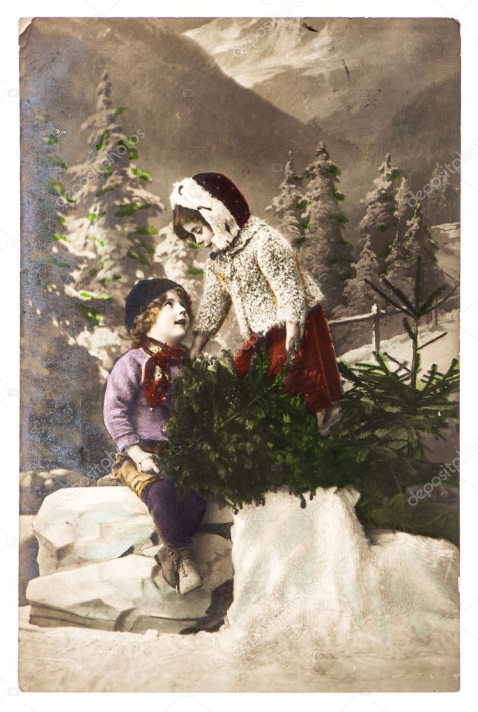 Nostalgic christmas postcard. two kids with chtistmas tree