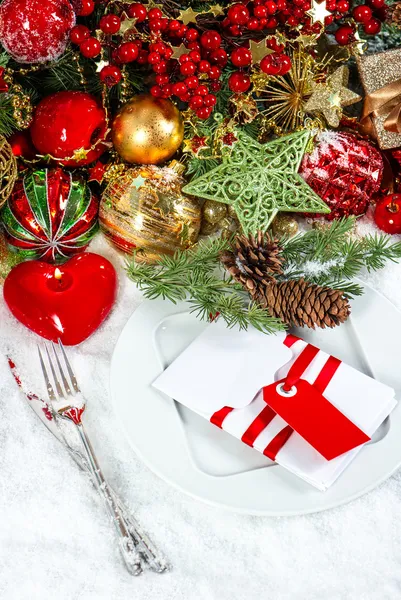 Christmas table place setting with red heart candle — Stock Photo, Image