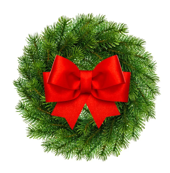 Christmas decoration evergreen wreath wit red ribbon bow — Stock Photo, Image