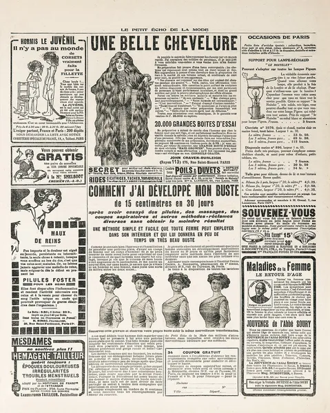 Page de journal avec publicité antique paris ca. 1919 — Photo