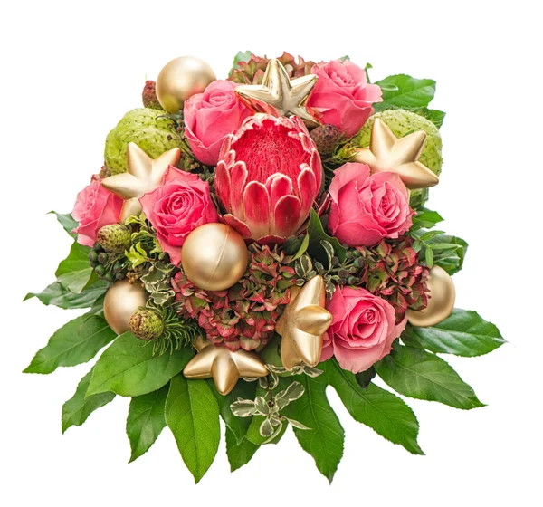 Fresh pink roses with golden christmas decoration — Stock Photo, Image