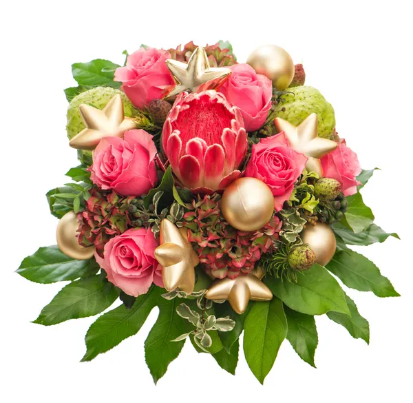 Fresh pink roses with golden christmas decoration — Stock Photo, Image