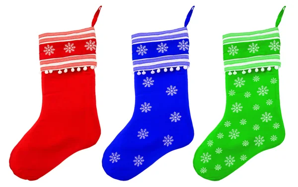 Karácsonyi zoknik, santa ajándékot fehér hópelyhek — Stock Fotó