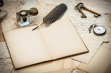 antika aksesuarlar, mektuplar, InkWell ve vintage tükenmez kalem