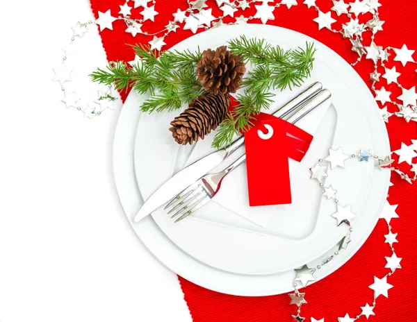 Christmas table place setting decoration in red and silver — Stock Photo, Image