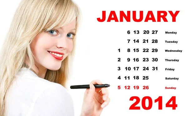 Calendar for January 2013 with portrait of young woman — Stock Photo, Image