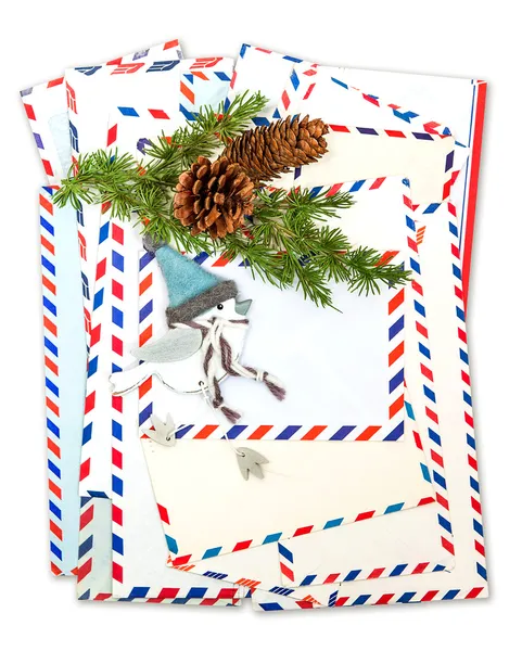 Vintage air mail envelopes with winter bird decoration — Stock Photo, Image
