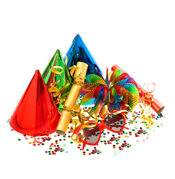 Decorations, garlands, streamer, cracker, party glasses and conf — Stock Photo, Image