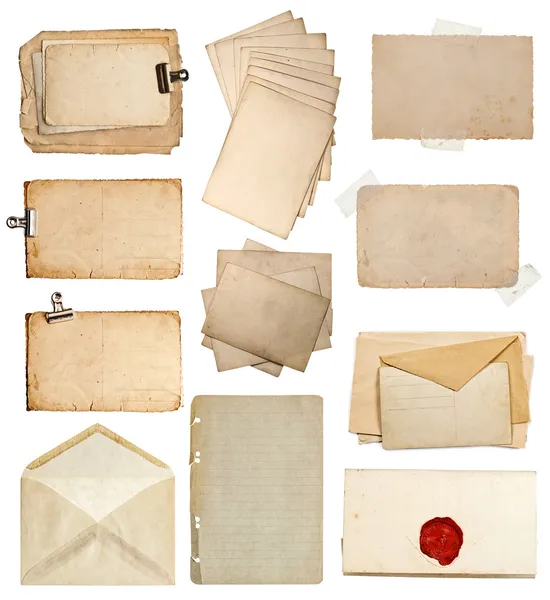 Set of various old paper sheets, cards, envelopes — Stock Photo, Image