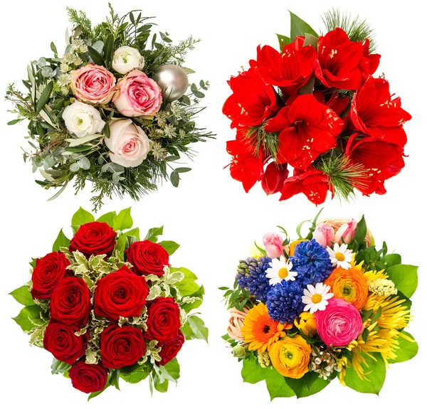 Μπουκέτο με τέσσερα πολύχρωμα λουλούδια. τριαντάφυλλα, Αμαρυλλίς, τουλίπες — Φωτογραφία Αρχείου
