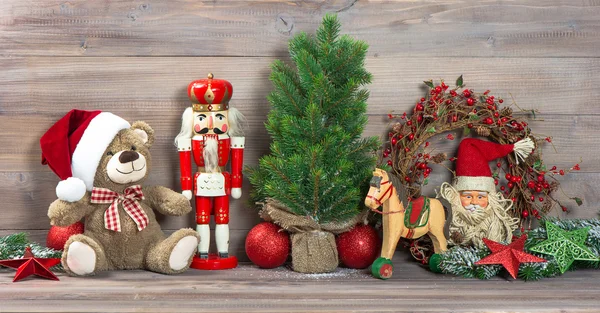 Christmas decoration with antique toys teddy bear — Stock Photo, Image