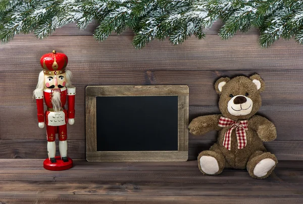 Juldekoration med antika leksaker och blackboard — Stockfoto