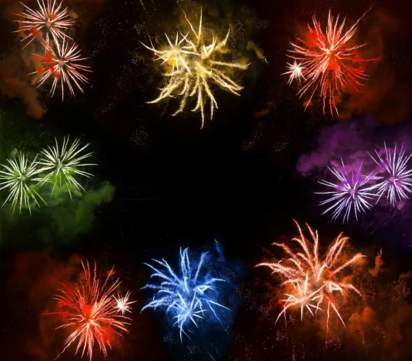 Beautiful colorful fireworks exploding over a dark night sky — Stock Photo, Image