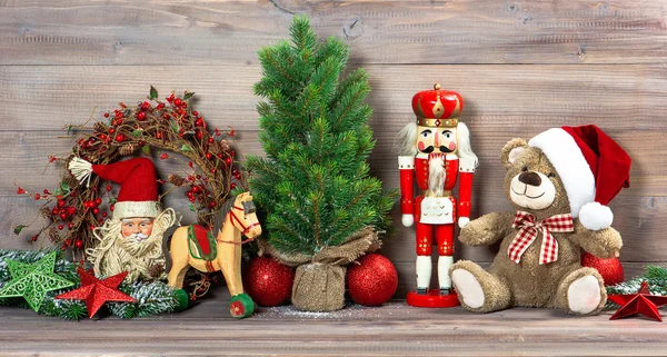 Christmas decoration with antique toys teddy bear — Stock Photo, Image