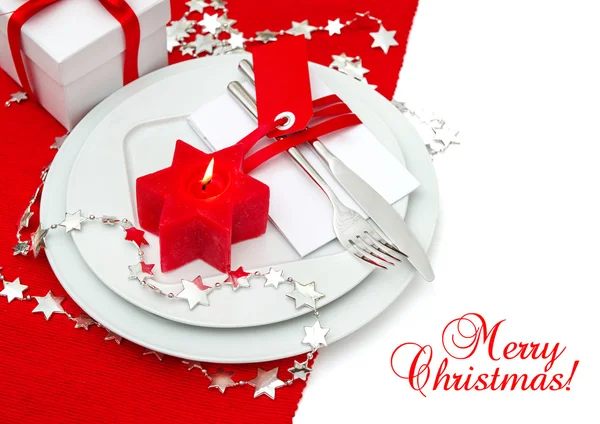 Plats inställningen Juldekoration för bord i rött och silver — Stockfoto