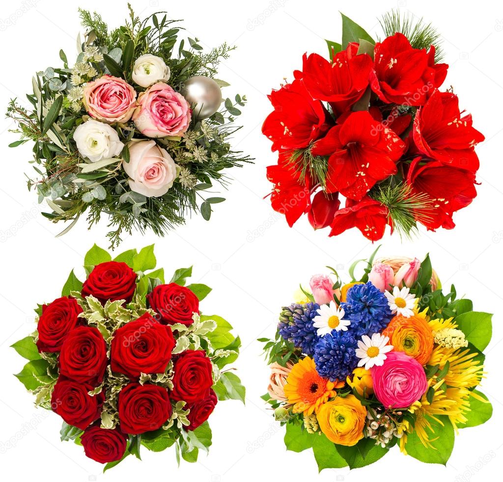 four colorful flowers bouquet. roses, amaryllis, tulips