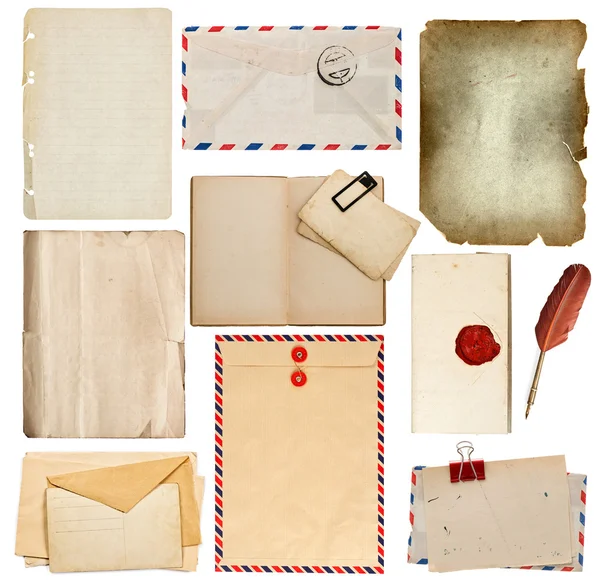 Jeu de vieilles feuilles de papier, livre, enveloppe, carte — Photo