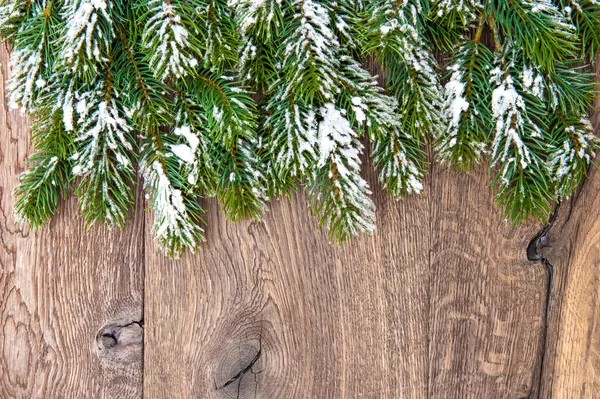 Christmas tree branches over wooden background — Stock Photo, Image