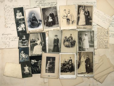 Old handwritten letters and antique family photos clipart