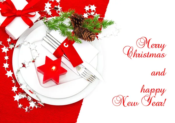 Festive christmas table place setting decoration — Stock Photo, Image