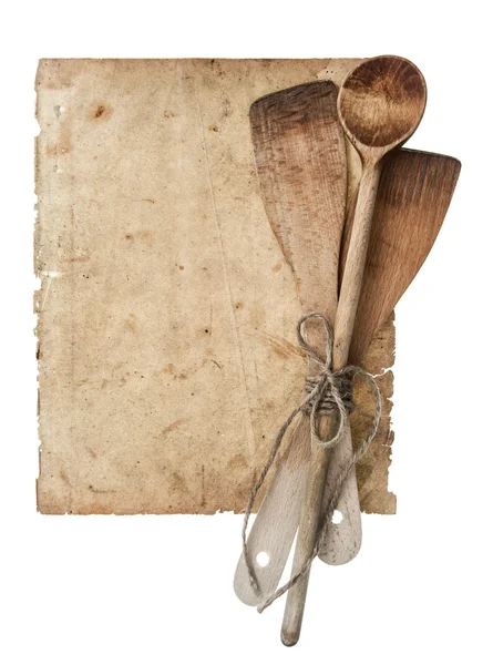 Retro kitchen utensils and old cook book page — Stock Photo, Image