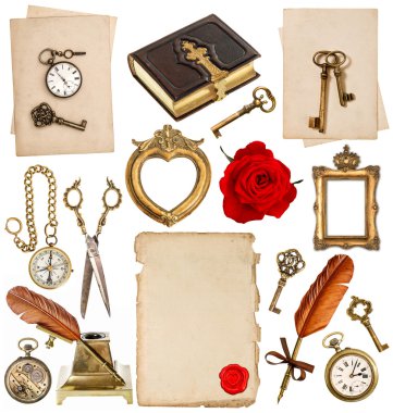 antika saat, anahtar, fotoğraf albümü, tüy kalem, InkWell, pusula