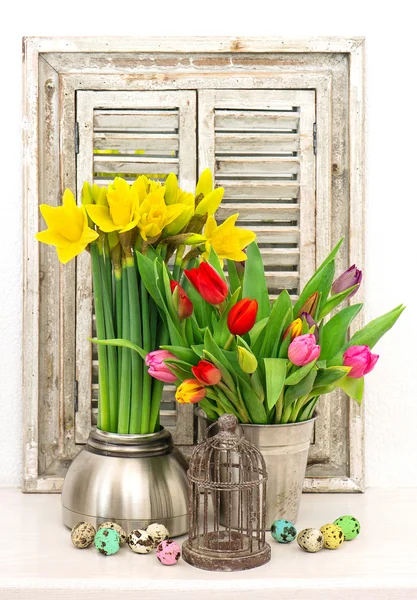 Flores de primavera e ovos de páscoa coloridos. tulipas e narcisos — Fotografia de Stock