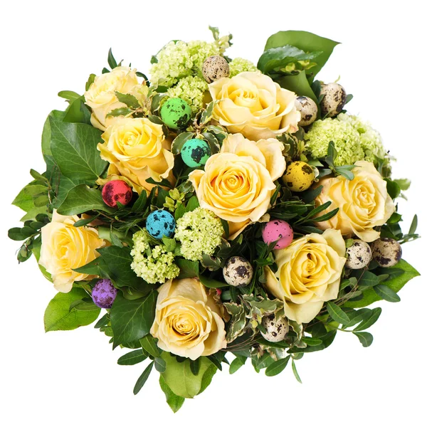 Easter roses bouquet with colored eggs — Stock Photo, Image