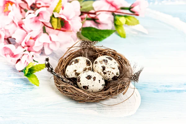 Påsk dekoration med blommor och ägg i boet — Stockfoto