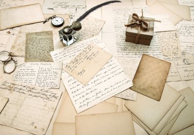 old letters, vintage postcards and antique feather pen clipart