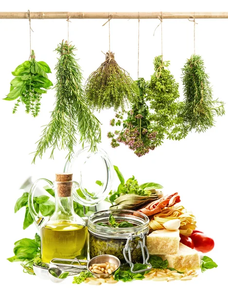 Pesto sauce and italian food ingredients on white — Stock Photo, Image