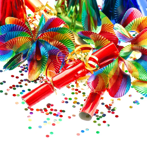 Decoration with garlands, streamer, cracker and confetti — Stock Photo, Image