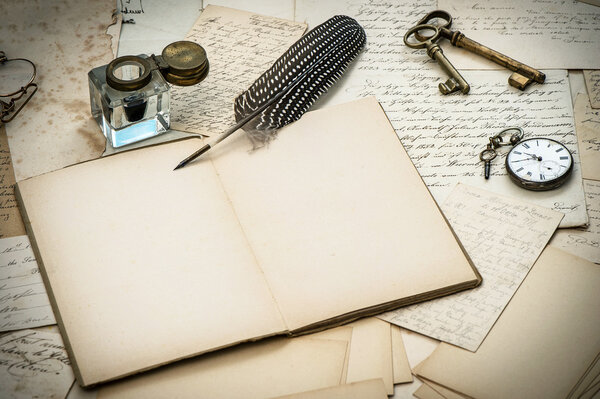 antique accessories, letters, inkwell and ink pen