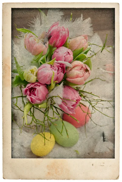 Easter tulip flowers bouquet with eggs. vintage postcard — Stock Photo, Image