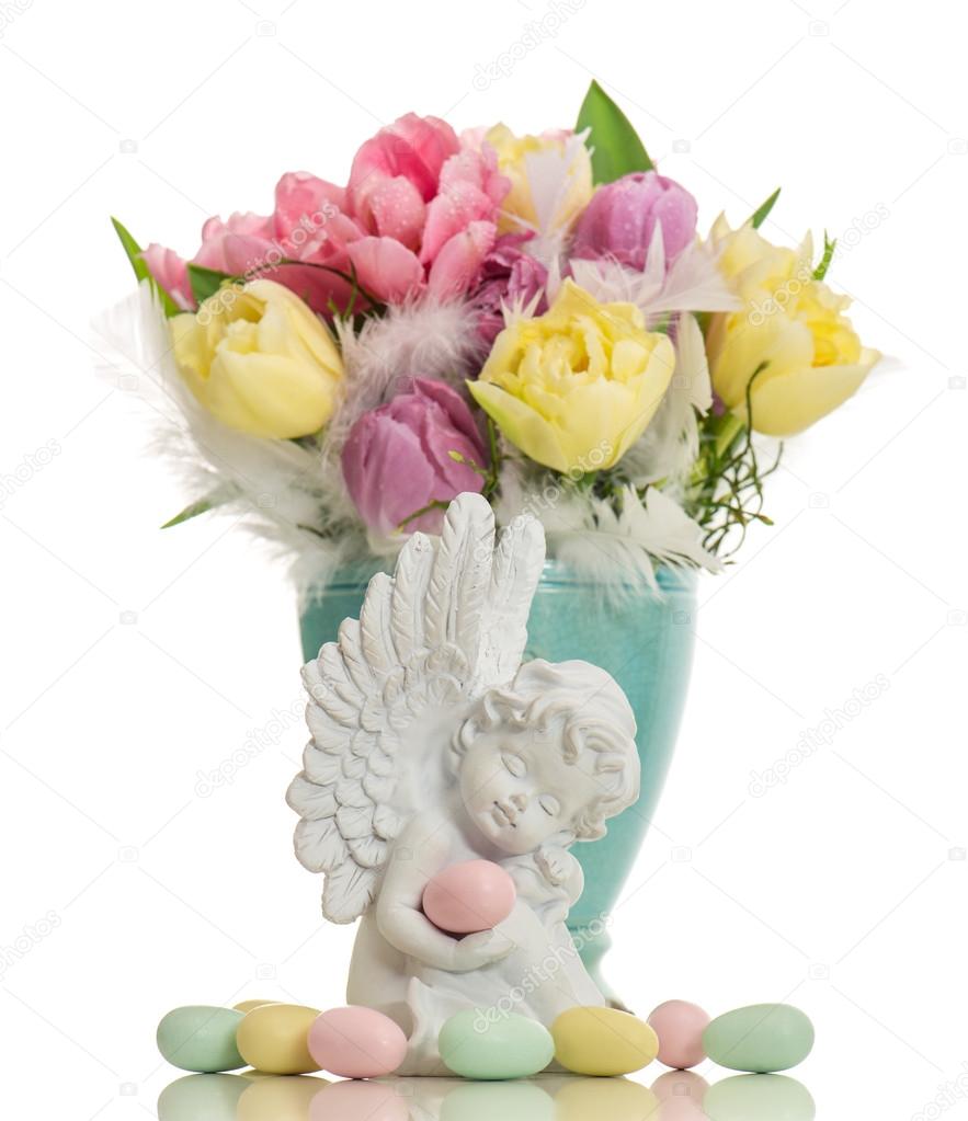 guardian angel with easter eggs and flowers