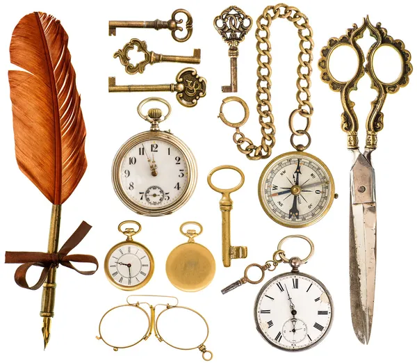 Antique accessories. antique keys, clock, scissors, compass — Stock Photo, Image