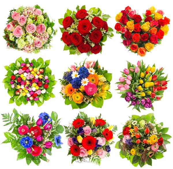 Neun bunte Blumensträuße auf weiß — Stockfoto