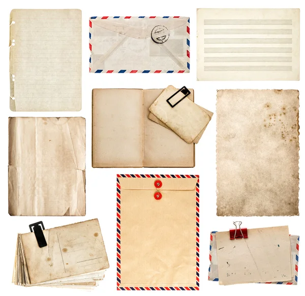 Zestaw starych arkuszy papieru, książki, koperty, karty — Zdjęcie stockowe