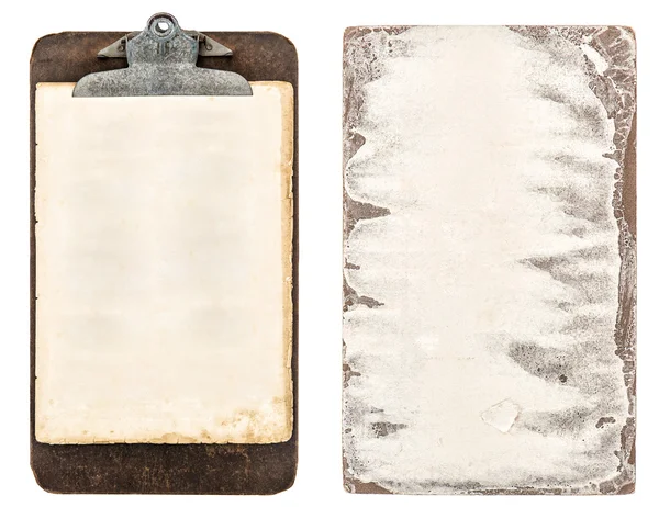 Antik csipeszes írótábla és elszigetelt fehér karton — Stock Fotó