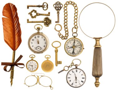 antika aksesuarlar. antika anahtar, saat, Büyüteç, pusula