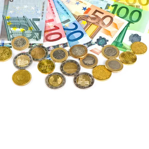 Monete e banconote. euro. sfondo di denaro — Foto Stock