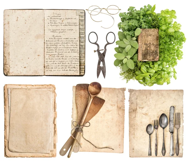 Kitchen utensils, antique cookbook, aged paper pages and herbs — Stock Photo, Image