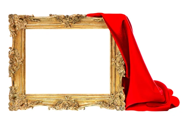 Golden frame with red silk decoration isolated on white — Stock Photo, Image