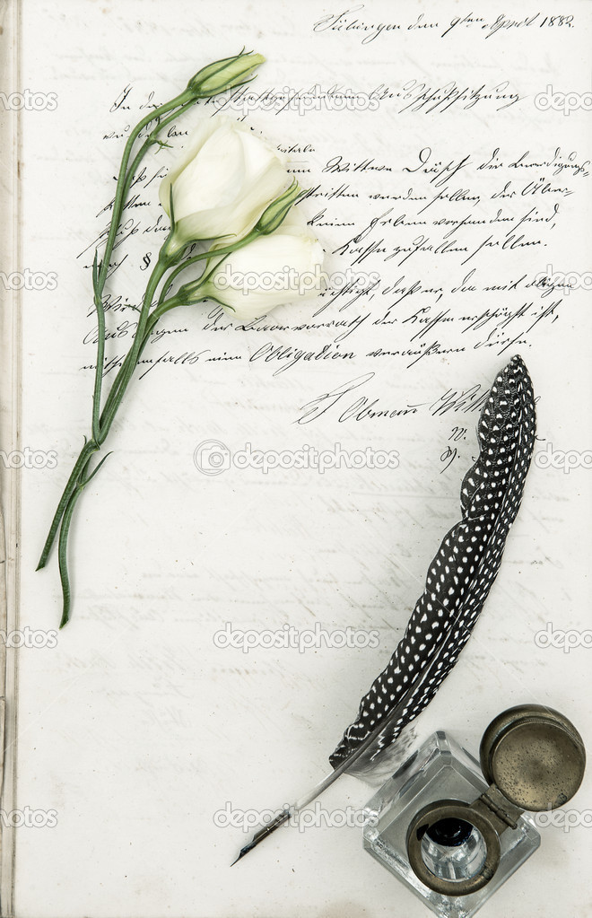 old letter, flower and antique feather pen