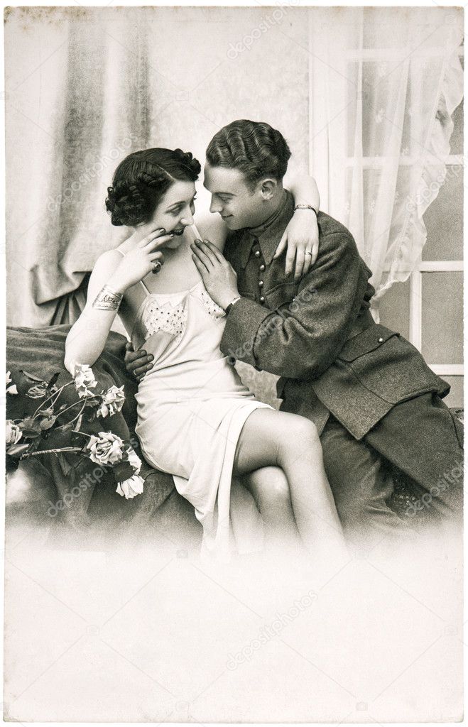 Young romantic erotic sexy couple. antique sepia picture