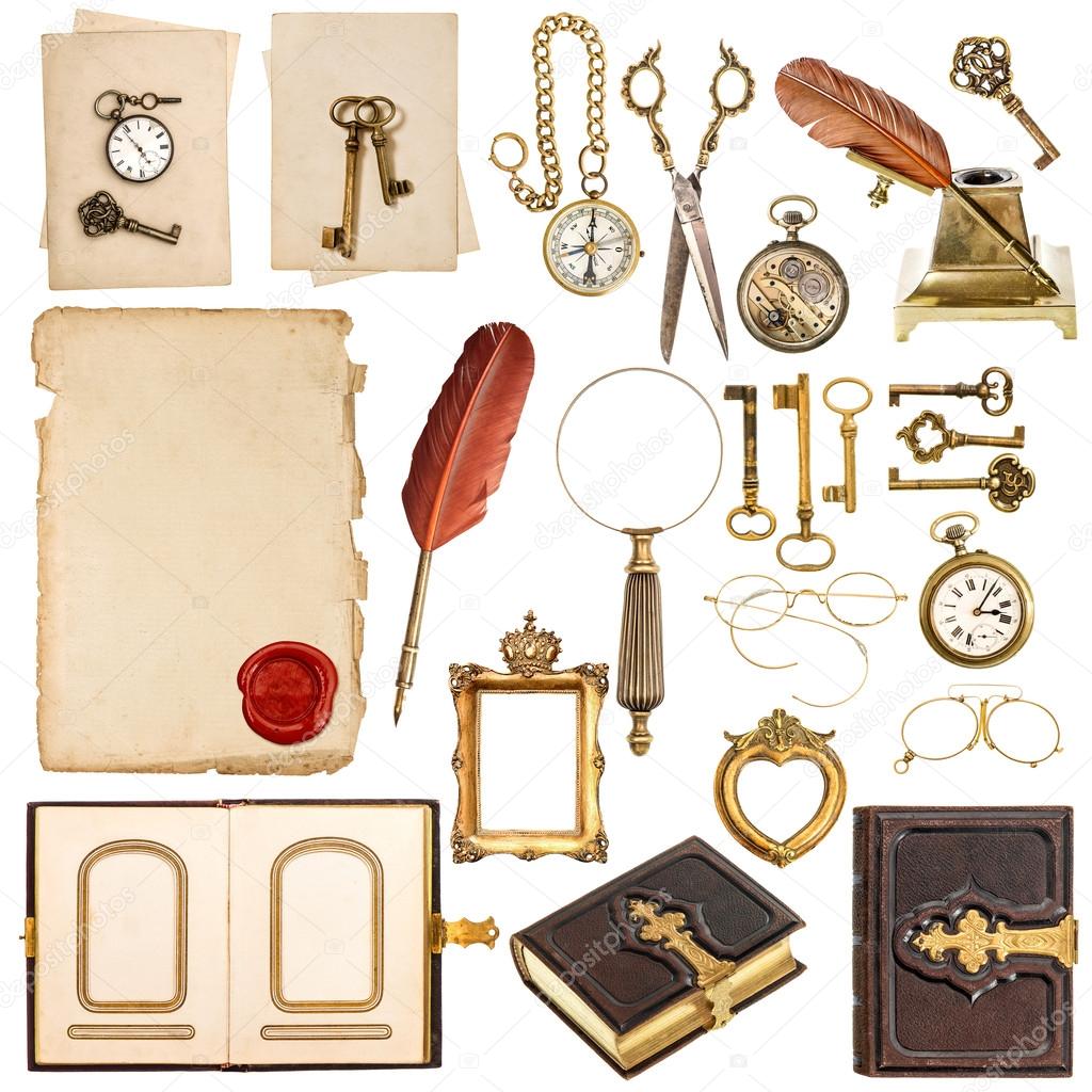 collection of paper sheets and vintage golden accessories