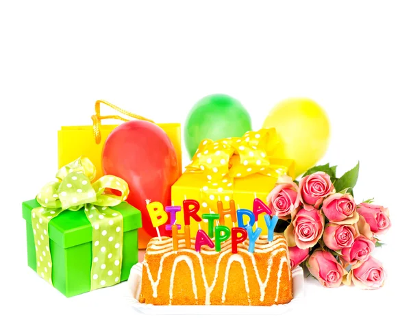 Birthday party decoration with roses flowers, cake, balloons, gi — Stock Photo, Image